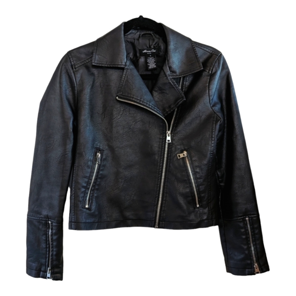 Anna Cai Black Faux Leather Moto Jacket Size Small